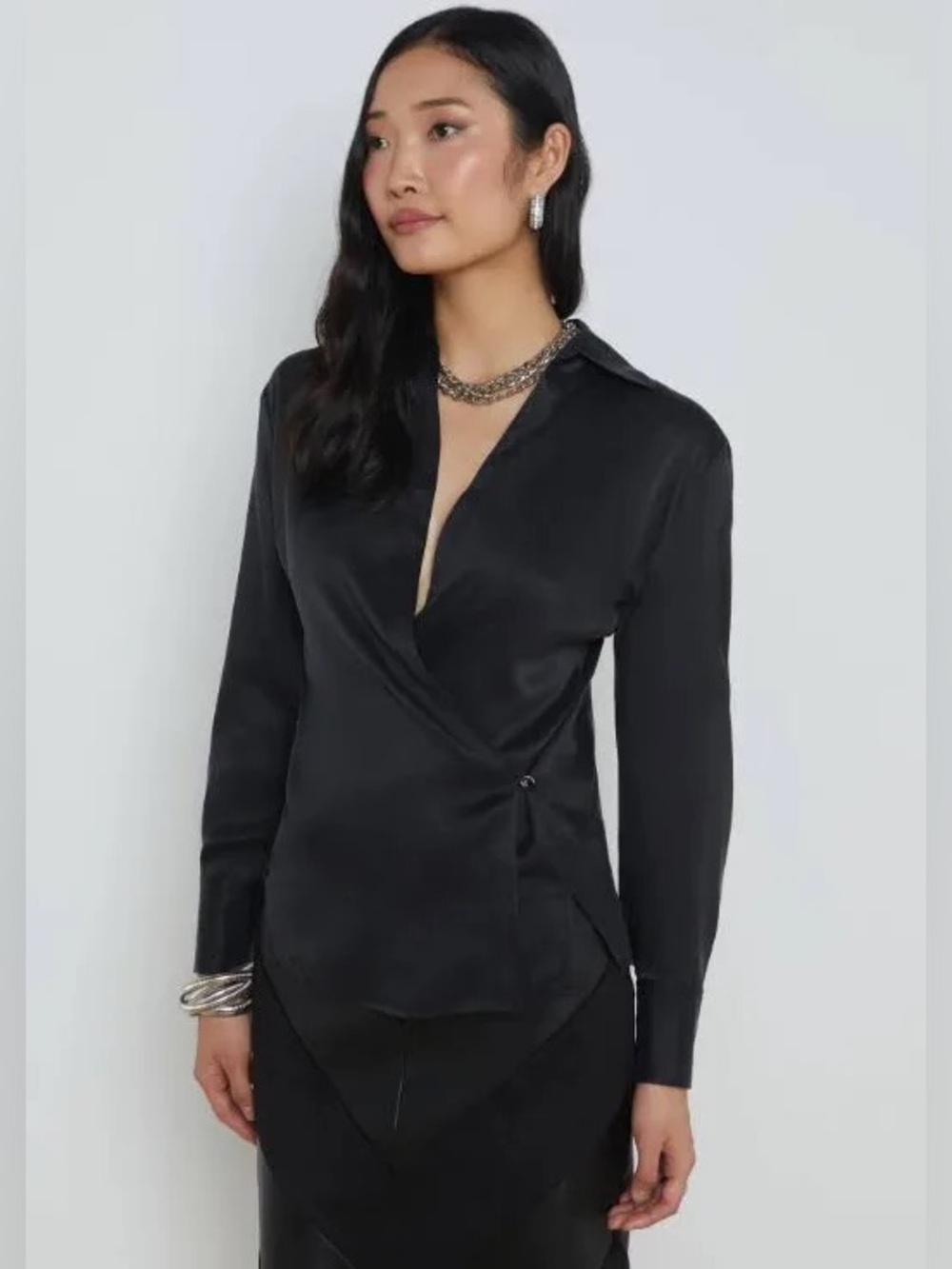 L’AGENCE Sora Long Sleeve Silk Wrap Top Black